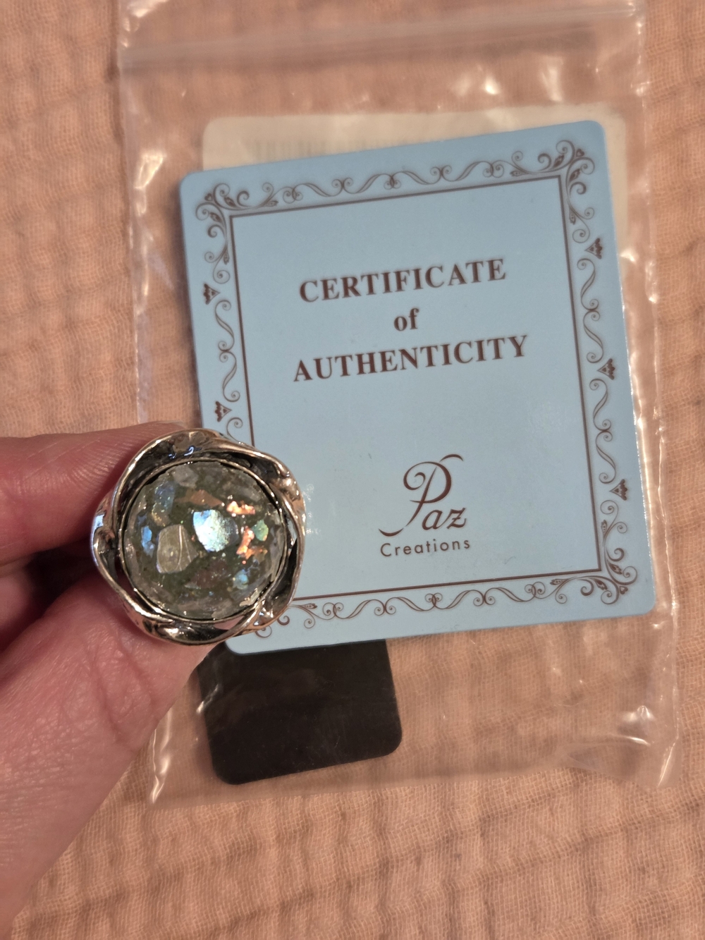 Paz Creations Iridescent Roman Glass Sterling Silver Statement Ring